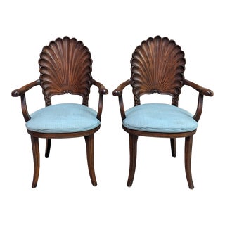 Late 20th Century Venetian Style Shell Back Walnut Arm Chairs, a Pair For Sale