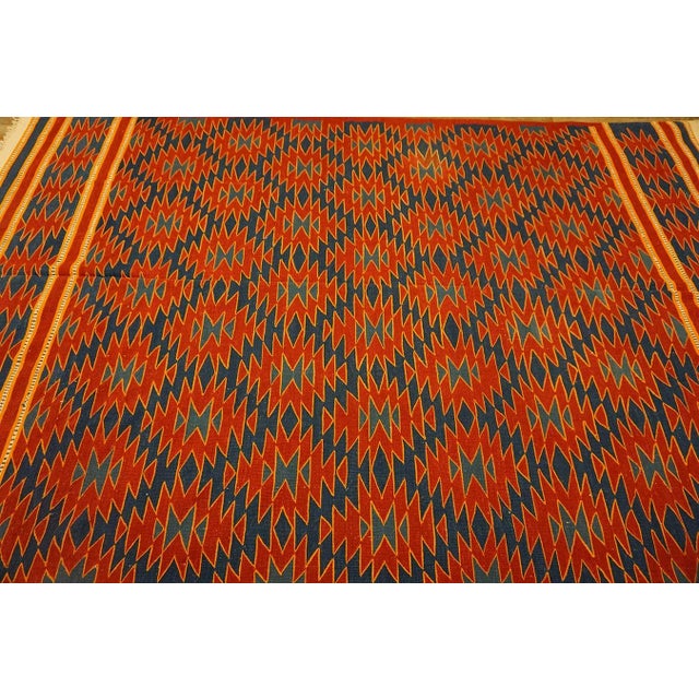 1930s Red Blue Diamond Tribal Antique Indian Cotton Dhurrie Carpet 6' X 9'7" Flatweave Cotton Rug For Sale In New York - Image 6 of 13