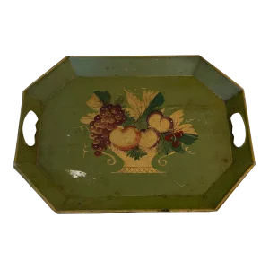 Vintage 1930s Medium Painted Metal Tray With Fruit Basket Design