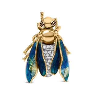18K Yellow Gold 1/2 Cttw Pave Set Diamond and Blue-Green Enamel Bumblebee Brooch Pin (F-G Color, VS1
