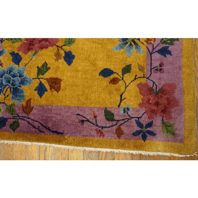 Saffron 1920s Yellow Purple Floral Antique Chinese Art Deco Carpet 3'1" X 5'10" Knotted Wool Rug For Sale - Image 8 of 11