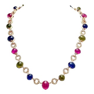 Bochic "Capri" Vintage Diamond, Ruby & Multi Color Sapphire Necklace In 18K Gold For Sale