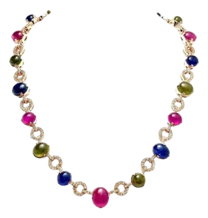 Bochic "Capri" Vintage Diamond, Ruby & Multi Color Sapphire Necklace In 18K Gold