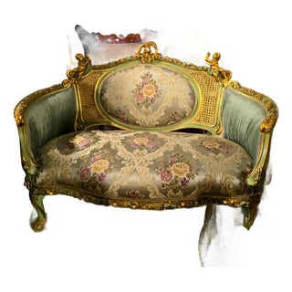 French Louis XV Romantic Loveseat With Floral Damask Upholstery, Sage Green Velvet Panels, Cherubs & Hand-Gilded Gold Leaf Frame For Sale