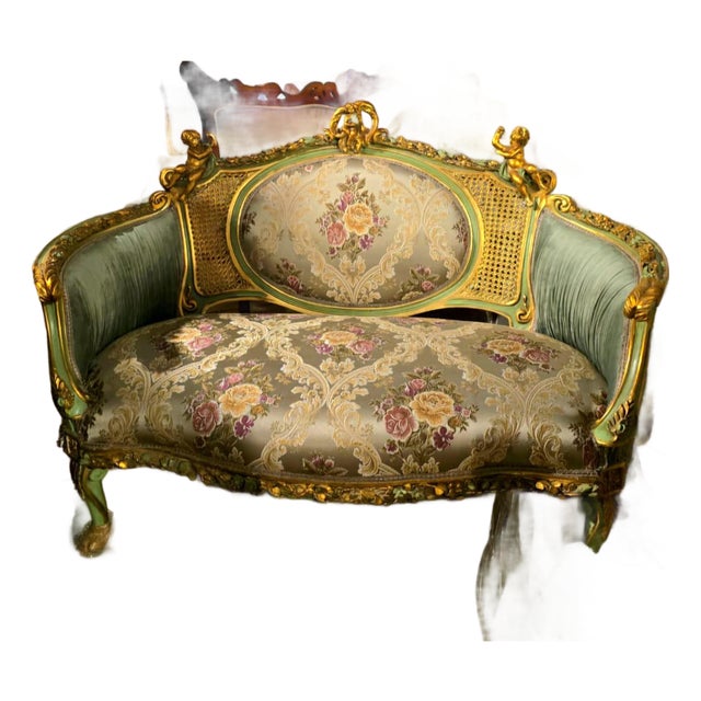 French Louis XV Romantic Loveseat With Floral Damask Upholstery, Sage Green Velvet Panels, Cherubs & Hand-Gilded Gold Leaf Frame For Sale