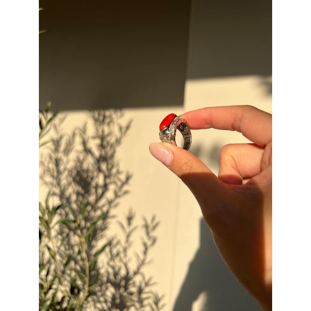 Japanese Red Coral (OX Blood Coral) and Diamond Ring in 18K White Gold, Size 7.5 For Sale - Image 11 of 12