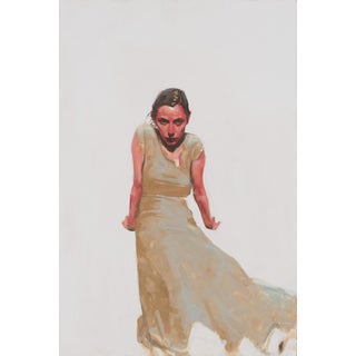 Watcher by Michael Carson | Oil on Panel Figure of a woman in a dress sitting with an intense expression. For Sale
