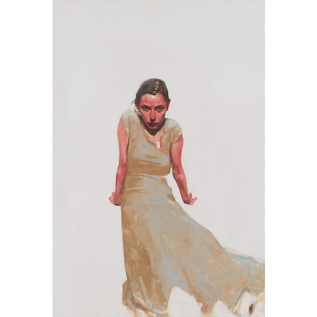 Watcher by Michael Carson | Oil on Panel Figure of a woman in a dress sitting with an intense expression. For Sale