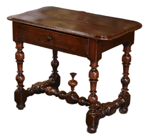 18th Century French Louis XIII Carved Walnut Turned-Leg Side Table With Drawer