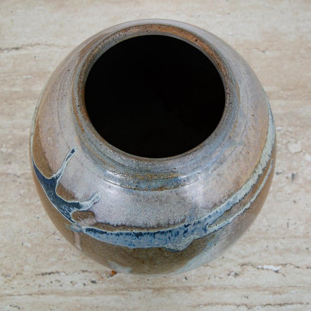 Mid-Century Modern Mid Century Modern Round Vase Blue Tan Glaze Studio Ceramic Weed Vintage Flower For Sale - Image 3 of 12