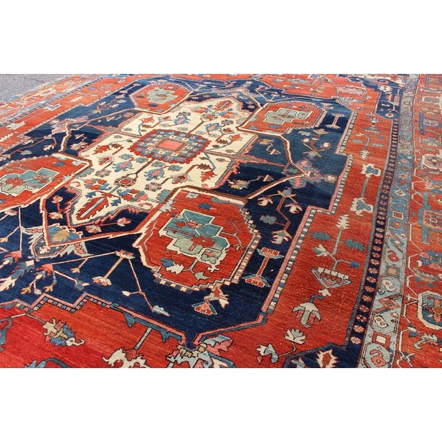 Burnt Orange Large Antique Persian Fine Weave Serapi Rug With Bold Geometric Medallion For Sale - Image 8 of 10