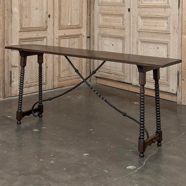 Spanish Revival 19th Century Spanish Walnut Console ~ Sofa Table With Wrought Iron For Sale - Image 3 of 18