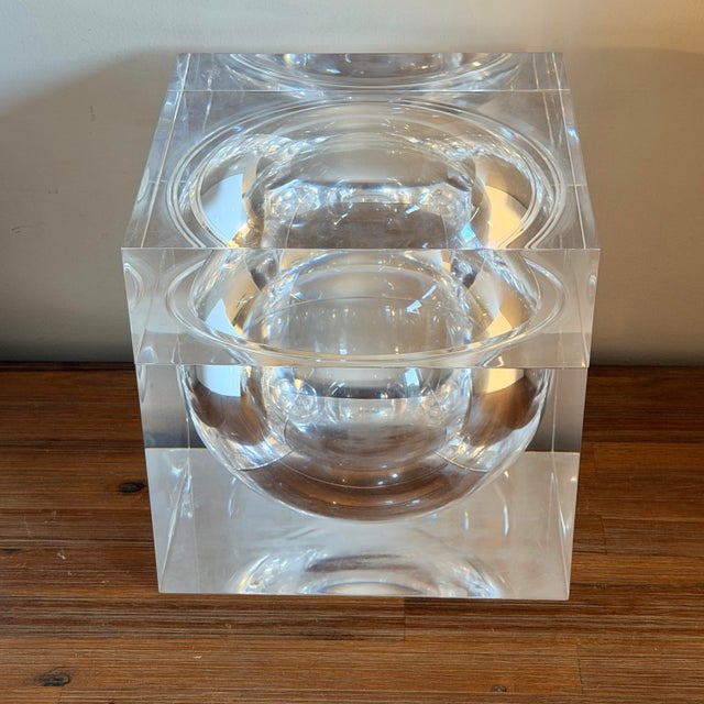A striking vintage lucite ice bucket with a sculptural sphere-in-cube design, attributed to Alessandro Albrizzi for...