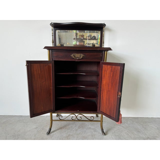 Brass 1900's Antique English Mahogany Brass Framed Music Cabinet/ Sold For Sale - Image 8 of 12
