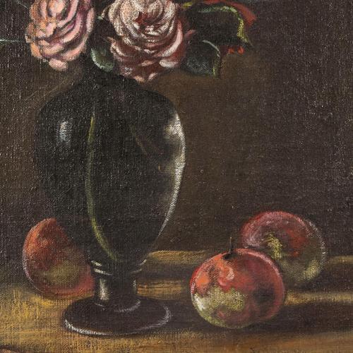 Vase with Flowers and Fruit, Oil on Canvas, Framed For Sale - Image 6 of 11