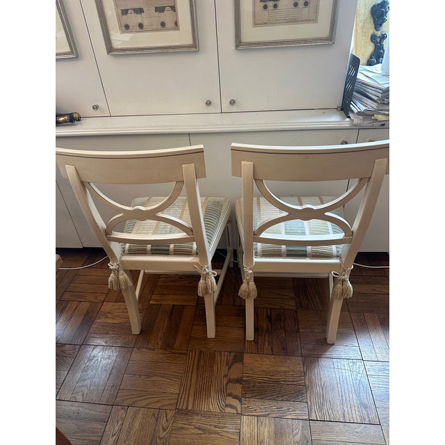 2000 - 2009 Two Bellman Chairs, White Lacquered With Gold Cilding, New Upholstered Seats and Chair Ties For Sale - Image 5 of 15