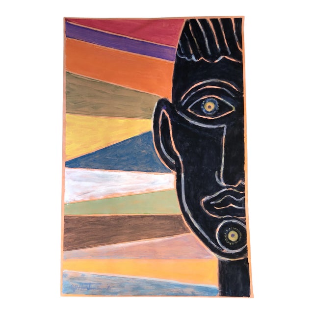 Original Vintage E.J.Hartmann Abstract Watercolor Portrait Painting 1980’s Signed For Sale