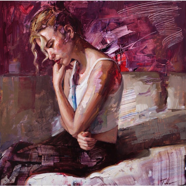 Up All Night by Matt Talbert | Oil on panel Painting of a woman sitting pensively on a bed. For Sale