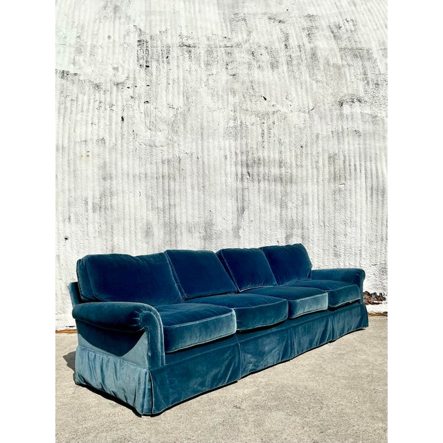 Vintage Regency Cerulean Velvet Down Long Sofa After Ferrell For Sale - Image 9 of 12