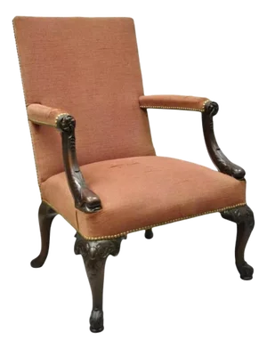Early 20th Century Antique Georgian Figural Dolphin Carved Mahogany Upholstered Library Armchair