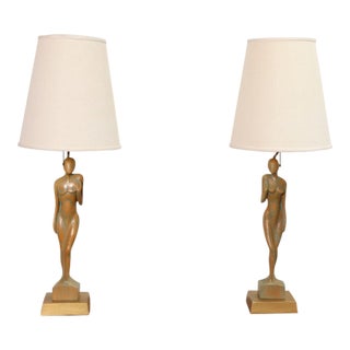 Vintage Male and Female Figural Carved Table Lamps by Clifford C Stasack - Pair For Sale