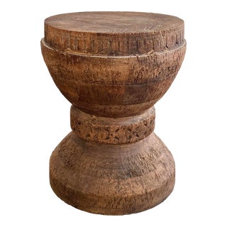 Made Goods Marek Mango Wood Drum Side Table – Sculptural Carved Pedestal, Organic Modern For Sale