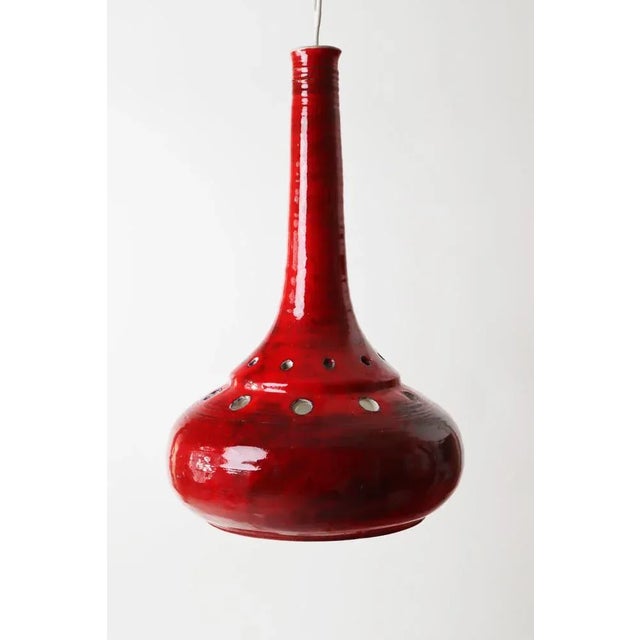 Large Mid-Century Red Pottery Pendant Lamp, 1970s For Sale - Image 6 of 9