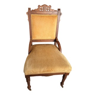 Antique Eastlake Walnut Parlor Chair, Circa 1880s Victorian With Brass Casters For Sale