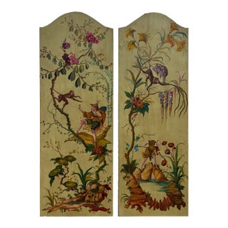 Pair of Large Continental Oil on Leather Chinoiserie Painting Panels For Sale