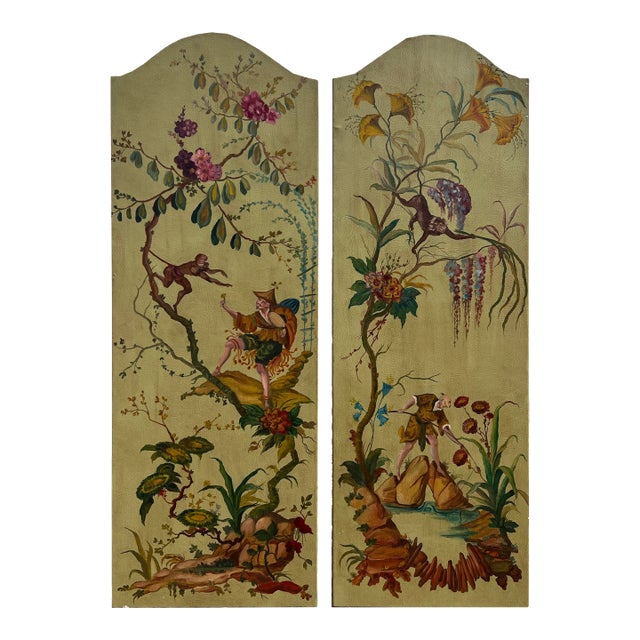 Pair of Large Continental Oil on Leather Chinoiserie Painting Panels For Sale