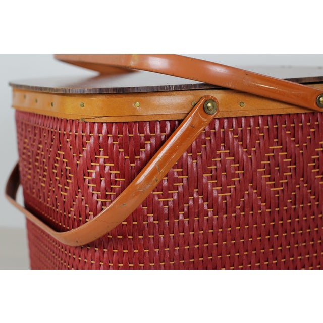 Mid-Century Red Woven Picnic Basket With Lid and Handles For Sale - Image 14 of 17