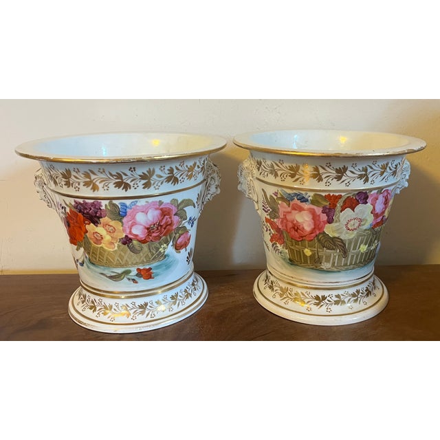 Antique Early 19th Century English Porcelain Cachepot Flower Pots With Satyr Mask Handles Circa 1820 - A Pair For Sale In New York - Image 6 of 18