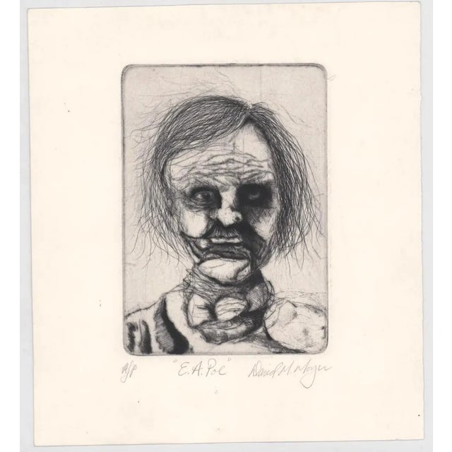 Pennsylvania artist David Moyer etching of Edgar Allan Poe. Pencil signed and inscribed artist's proof.