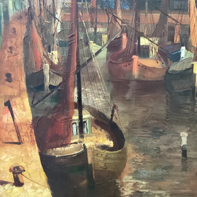 1960s Vintage Painting on Canvas Impressionistic Harbor Scene Artist Signed Framed Dated For Sale - Image 5 of 12