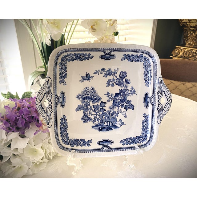 1930's Mason's Ironstone Cake Plate/Tray, Chinoiserie Pattern, Manchu Blue- Square, Tab Handles For Sale - Image 11 of 14