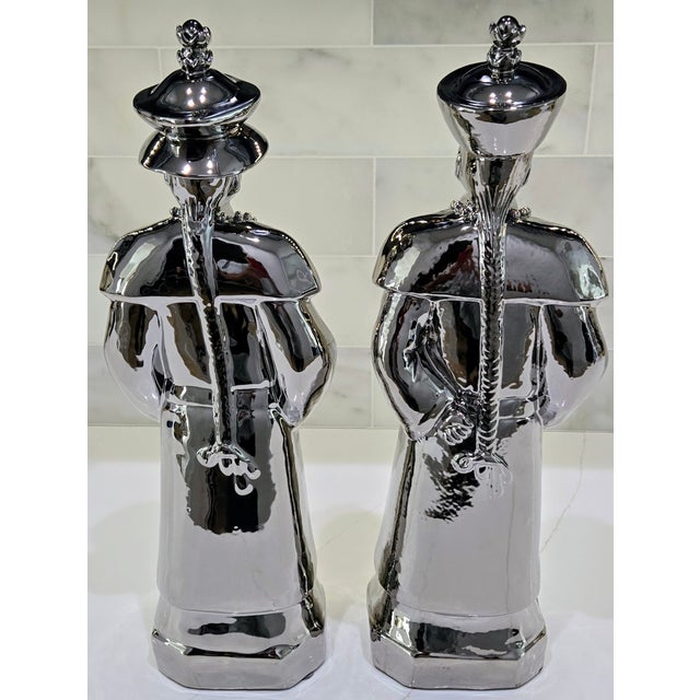 Contemporary Large Vintage Chrome Chinoiserie Porcelain Scholar & Student Figurine Pair, 18 Inch For Sale - Image 3 of 17