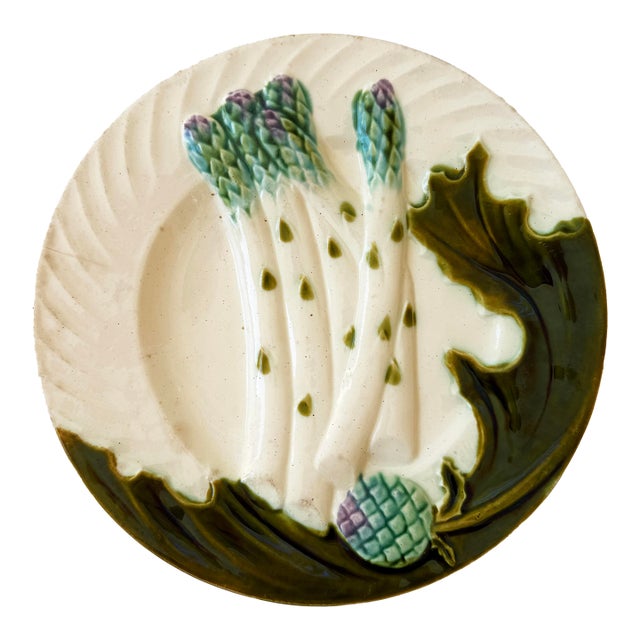 Antique French Salins Majolica Asparagus & Artichoke Plate — C. 1890 For Sale