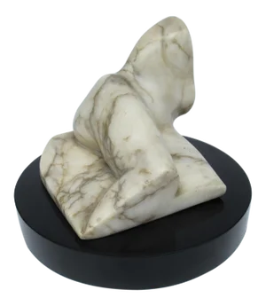 C.1970's Italian Carrara Marble Carved & Honed Reclined Female Figure Sculpture, Mounted on Round Black Marble Base