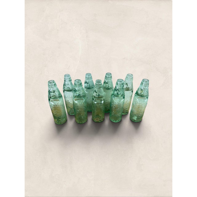 Victorian Collection of 9 English Antique Aqua Glass Cod Neck Marble Bottles, Bristol, Circa 1900 For Sale - Image 3 of 7