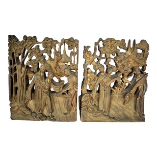 Vintage Asian Carved Wood Bookends - a Pair For Sale