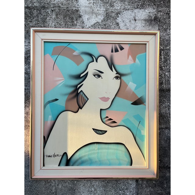 Post Modern Oil Painting in the Patrick Nagel Style, Framed and Signed by the Artist. Circa 1980s. For Sale - Image 15 of 15