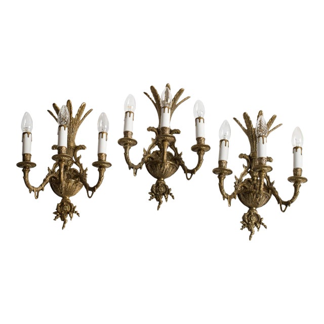 1950s Brass Foliage & Floral Design Sconce - Set of 3 For Sale