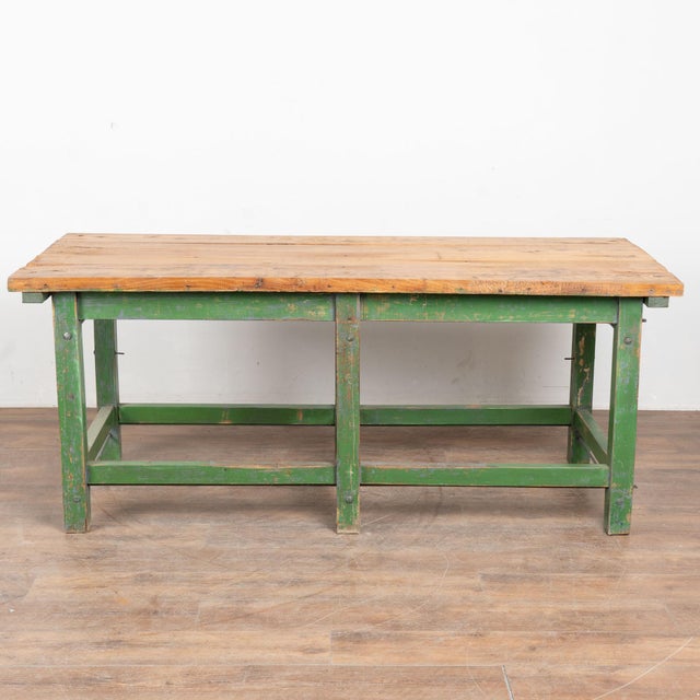 19th century Hungarian work table, crafted in pine. The base retains its original green painted finish, now naturally...