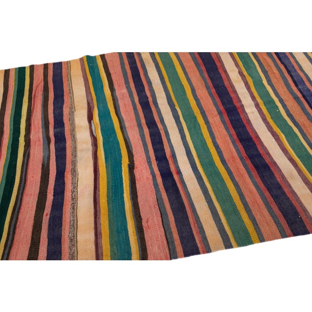 Turkish 1960s Vintage Turkish Kilim Multicolor Handmade Stripes Wool Rug For Sale - Image 3 of 8