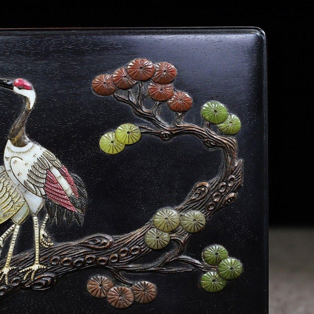 Wood Vintage Chinese Rosewood Box | Mother-of-Pearl & Gemstone Inlaid Crane & Pine Motif For Sale - Image 7 of 9