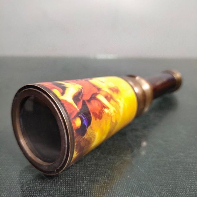 Vintage Style Brass and Wood Telescope With Box and Art Panel For Sale - Image 4 of 9