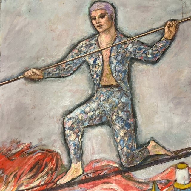 1980’s vintage surrealist expressionist acrobat painting. Oil on unstretched canvas. Painting measures 30x55 and canvas...