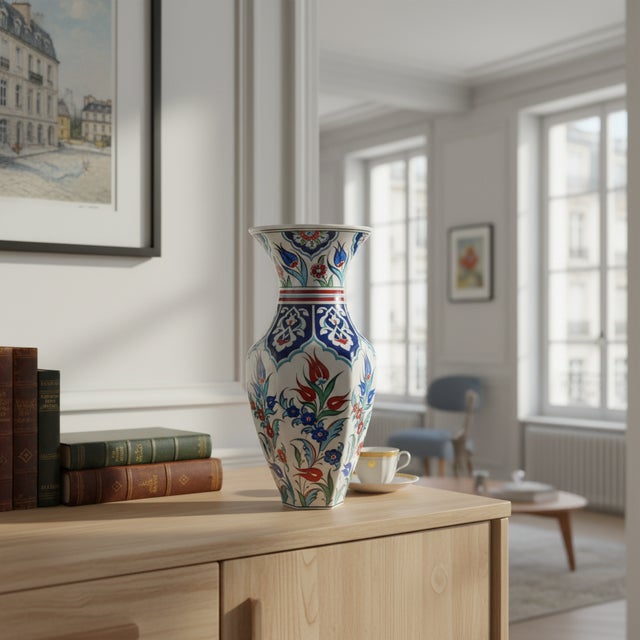 Turkish Handmade Ceramic Faceted Vase (25cm) – Red Tulips & Blue Rumi Arches – Hexagonal Form For Sale - Image 3 of 7