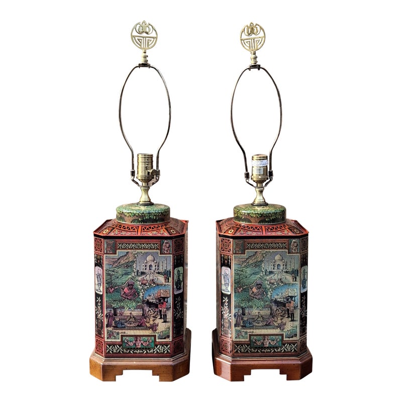 Late 20th Century Pair Of Wildwood Lamp Japanned Tea Caddy Tin And Wooden Base Table Lamps