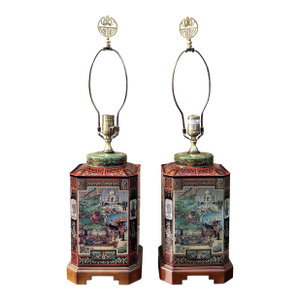 Late 20th Century Pair of Wildwood Lamp Japanned Tea Caddy Tin and Wooden Base Table Lamps